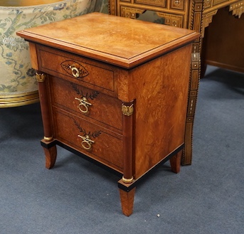 A pair of Biedermier design bird's eye maple three drawer bedside chests, width 53cm, depth 39cm, height 60cm